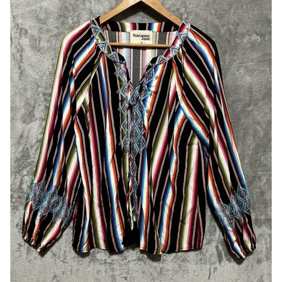 Savanna Jane Tops - SAVANNA JANE Boho Embroidered Long Sleeve Peasant Style Blouse Size Medium
